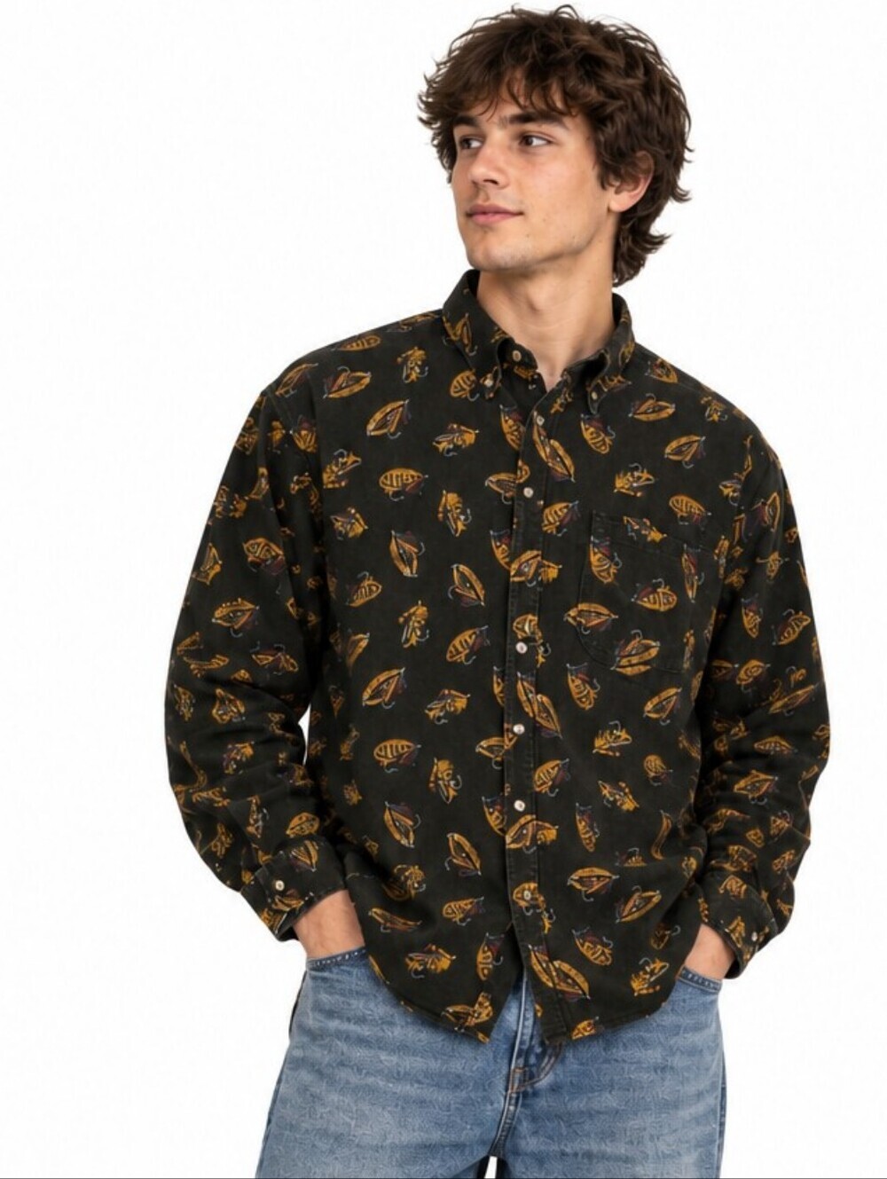 Vintage Nautica Corduroy Men's XLT Button Shirt Chore Coat Fly Fishing Fish Lure